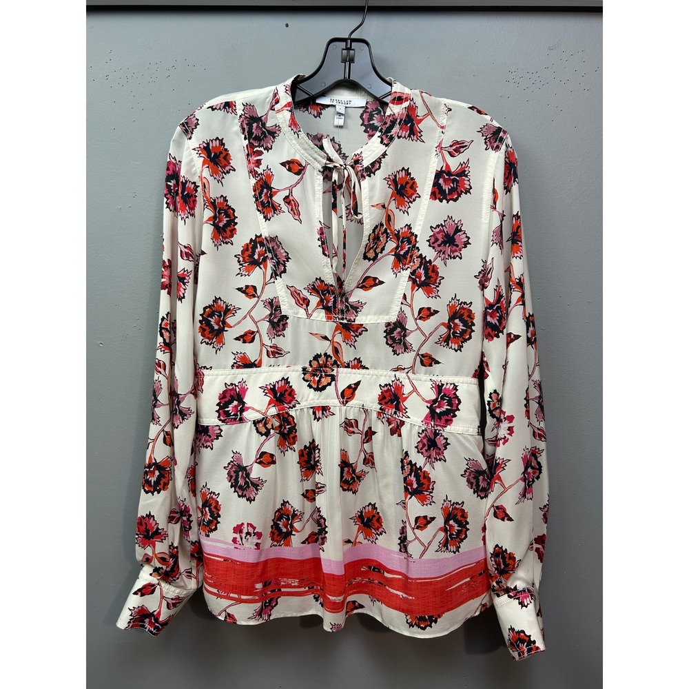 Derek Lam 10 Crosby Blouse Womens 4 Cream Floral Silk Tie‎ Neck Peplum Feminine